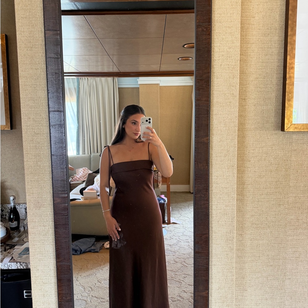 Brown Slip Maxi Dress - Women's Elegant Strap Detail